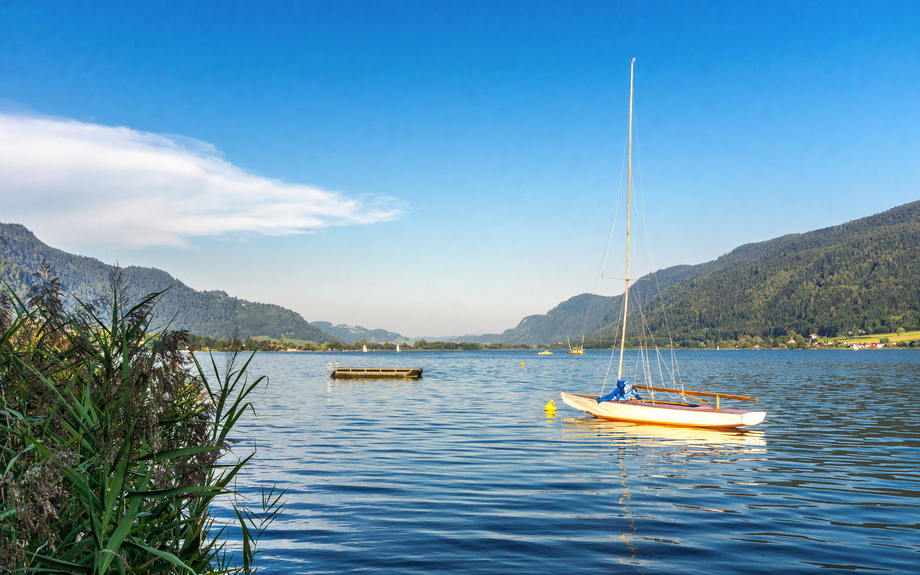 Segelboot am nahen Schilfufer auf dem Ossiacher See